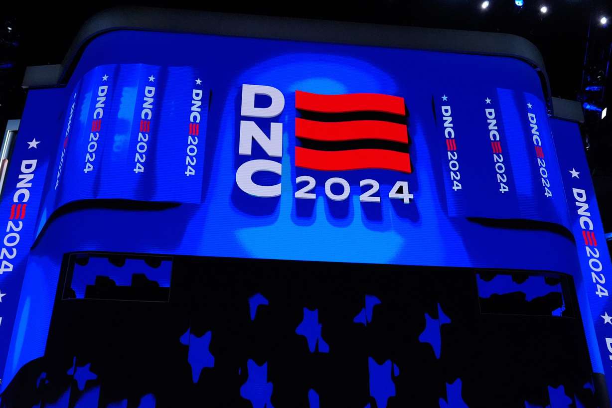 Part of the stage with the DNC logo is seen at the Democratic National Convention, Aug. 22, 2024, in Chicago.
