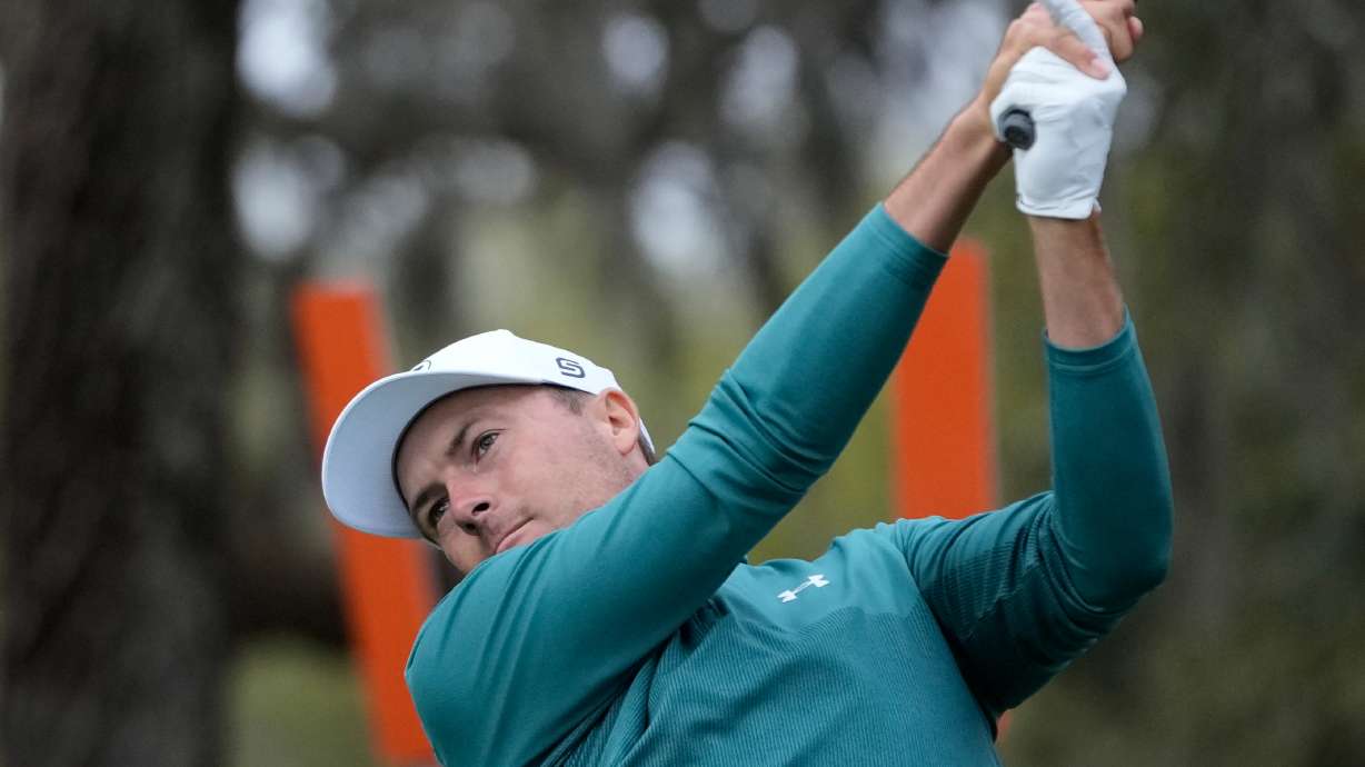 Jordan Spieth hits off the 12th tee during the second round of The Players Championship golf tournament Friday, March 13, 2026, in Ponte Vedra Beach, Fla.