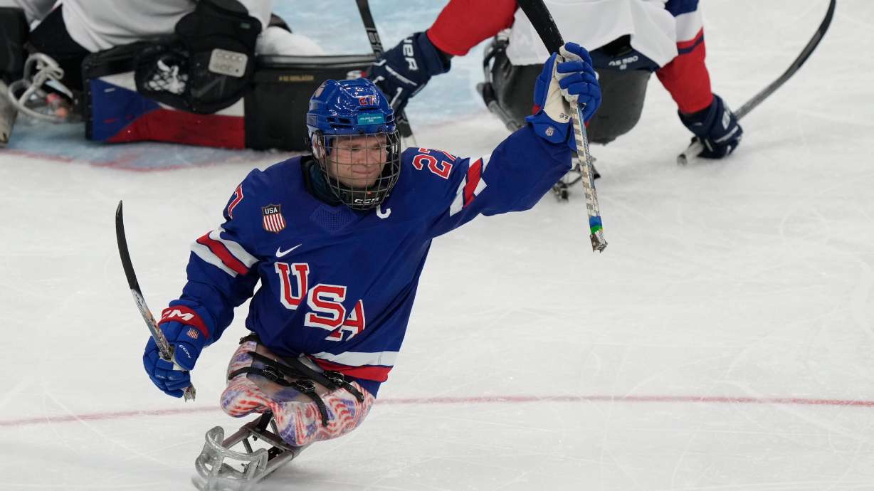 United State's Josh Pauls celebrates after scoring a goal during a semifinal hockey match between United States and Czech Republic at the 2026 Winter Paralympics, in Milan, Italy, Friday, March 13, 2026.