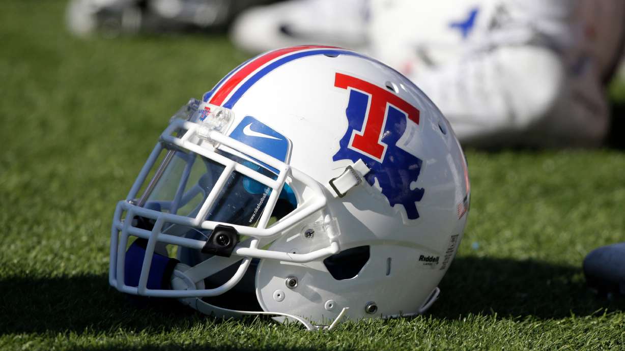 FILE - A Louisiana Tech helmet sits on the field an NCAA college football game against Kansas State in Manhattan, Kan., Saturday, Sept. 19, 2015.