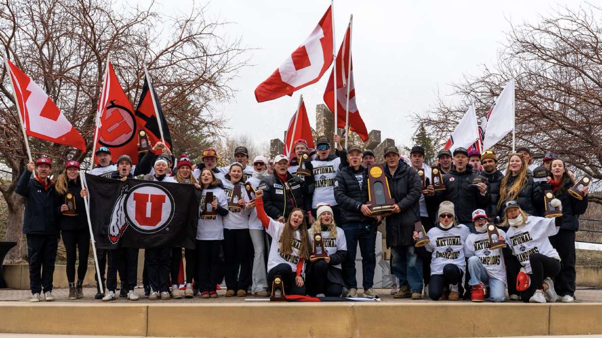 Utah's ski team poses after winning its 18th national championship at Soldier Hollow in Midway, Utah, on March 14, 2026.