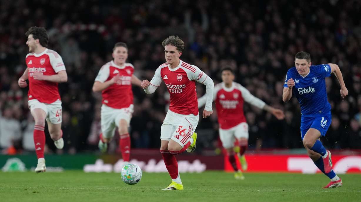 Arsenal's Max Dowman in action to scoreduring the English Premier League soccer match between Arsenal and Everton in London, England, Saturday, March 14, 2026.