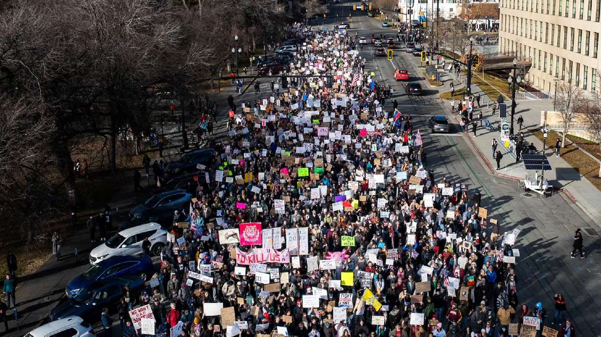 Anti-ICE protesters march in Salt Lake City on Jan. 30. A decadeslong trend of falling confidence in government institutions shows no signs of slowing as economic uncertainty, elite failure and technological changes fuel suspicion toward officials.