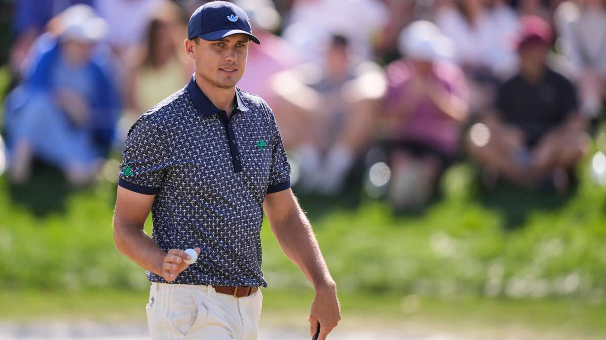 Ludvig Aberg of Sweden reacts after a birdie on the ninth green during the third round of The Players Championship golf tournament Saturday, March 14, 2026, in Ponte Vedra Beach, Fla.