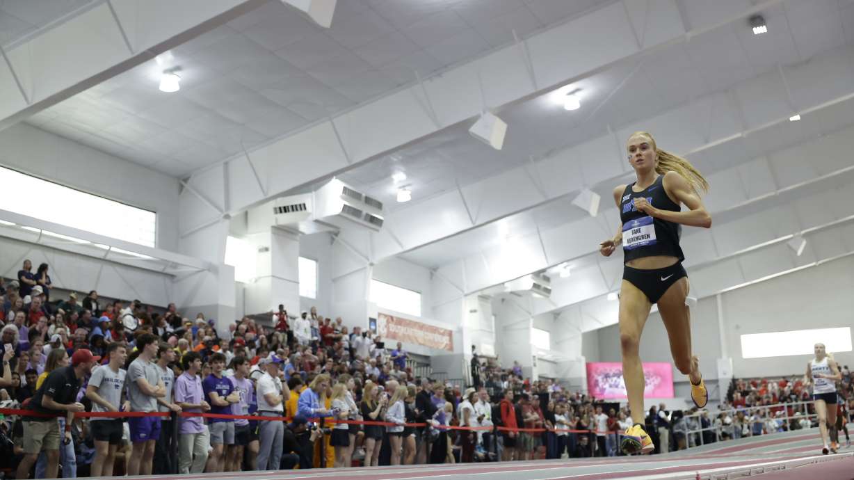 BYU freshman Jane Hedengren wraps up her second individual national title in the 3,000 meters at the NCAA indoor track and field championships, Saturday, March 14, 2026 in Fayetteville, Arkansas.