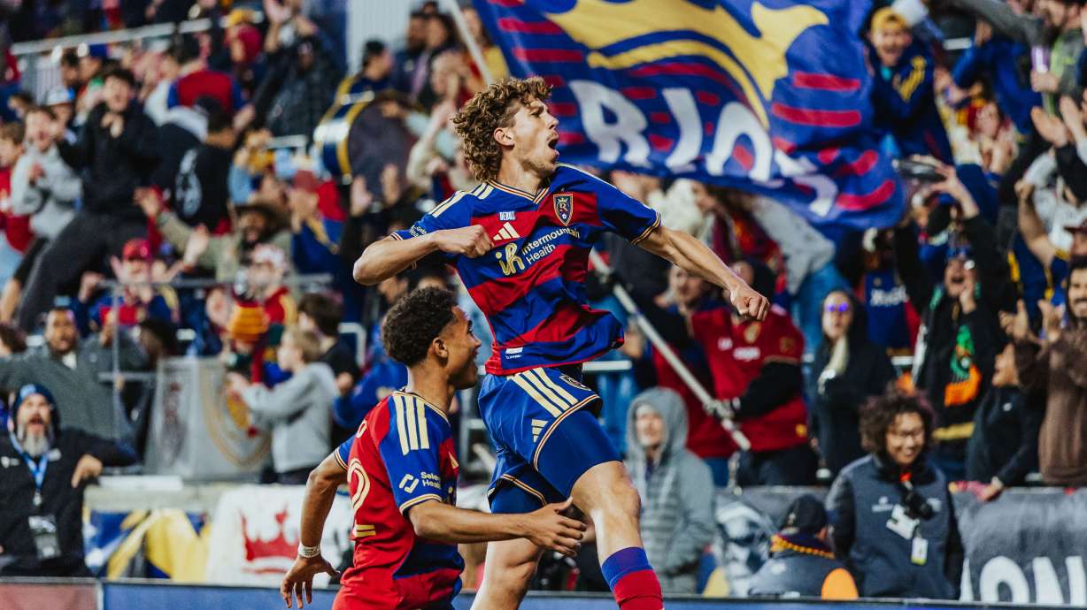 Real Salt Lake midfielder Stijn Spierings celebrates his match-winning goal in the 88th minute during an MLS soccer match against Austin FC, Saturday, March 14, 2026 at America First Field in Sandy, Utah.