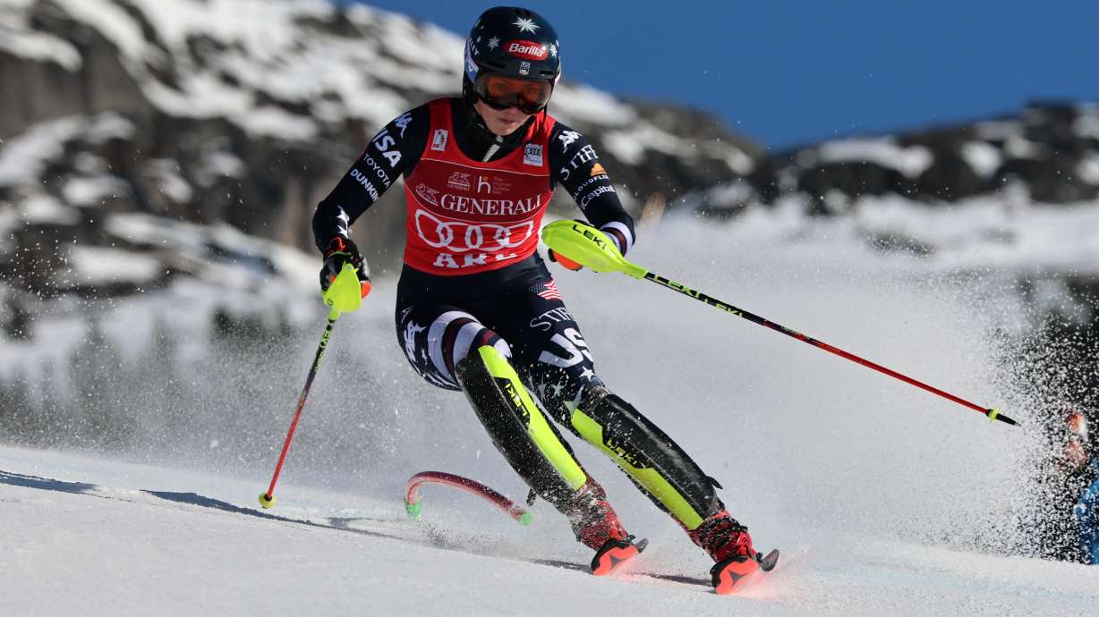 United States' Mikaela Shiffrin speeds down the course, during an alpine ski, women's World Cup slalom, in Are, Sweden, Sunday, March 15, 2026.
