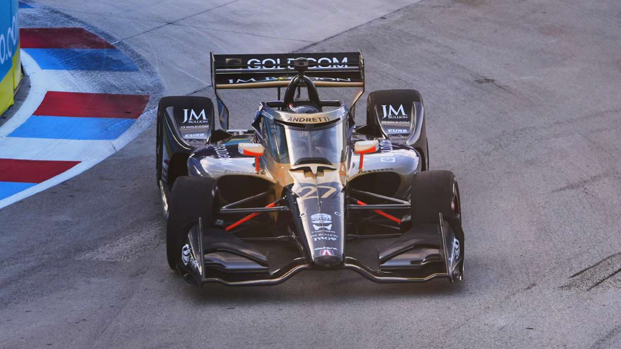 Driver Kyle Kirkwood takes a turn during practice for IndyCar Grand Prix of Arlington auto race, Saturday, March 14, 2026, in Arlington, Texas.