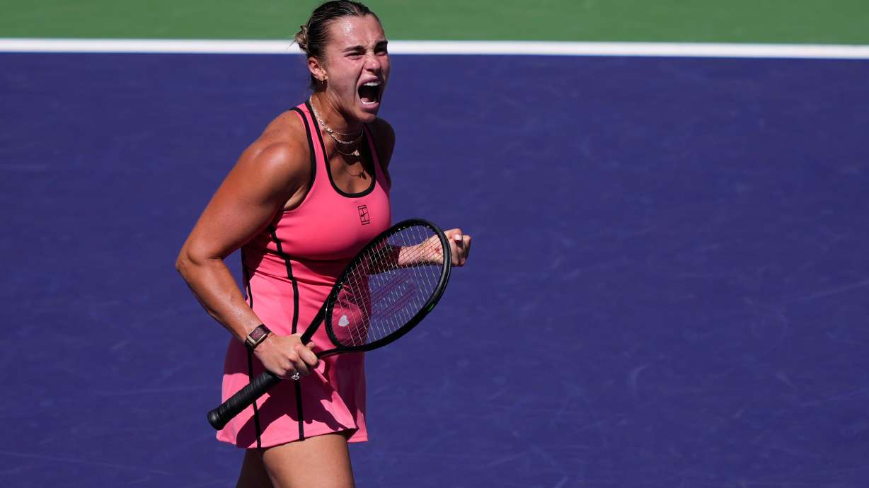 Aryna Sabalenka, of Belarus, reacts after winning a point against Elena Rybakina, of Kazakhstan, during a final match at the BNP Paribas Open tennis tournament Sunday, March 15, 2026, in Indian Wells, Calif.