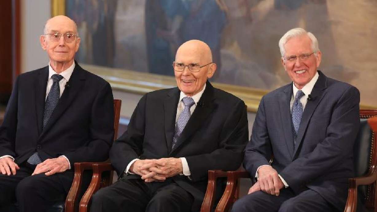 The First Presidency of The Church of Jesus Christ of Latter-day Saints, President Dallin Harris Oaks, center, President Henry B. Eyring, left, and President D. Todd Christofferson, right, in Salt Lake City on Oct. 14, 2025.