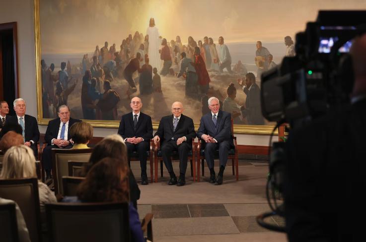 President Dallin Harris Oaks, center, was announced as the 18th president of The Church of Jesus Christ of Latter-day Saints on Oct. 14, 2025, in Salt Lake City. President Henry B. Eyring, left, and President D. Todd Christofferson, right, were called to serve with him as first and second counselors in the First Presidency.