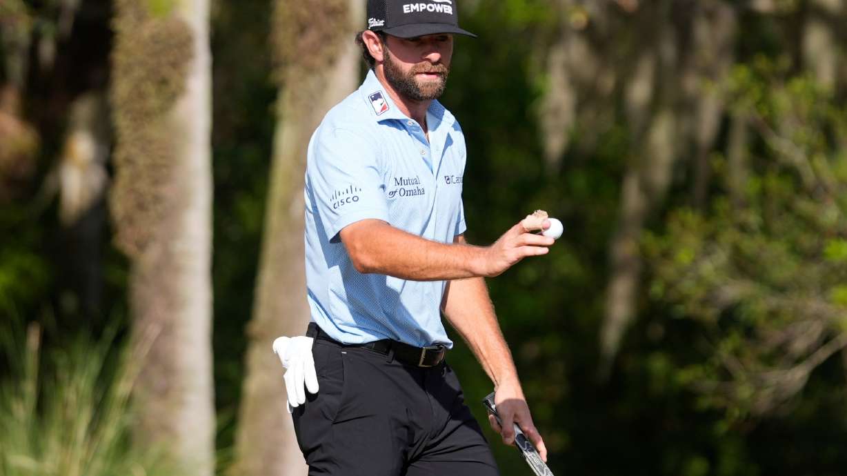 Cameron Young reacts to his putt on the 14th green during the final round of The Players Championship golf tournament, Sunday, March 15, 2026, in Ponte Vedra Beach, Fla.