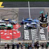 Denny Hamlin storms back to win at Las Vegas after early penalty