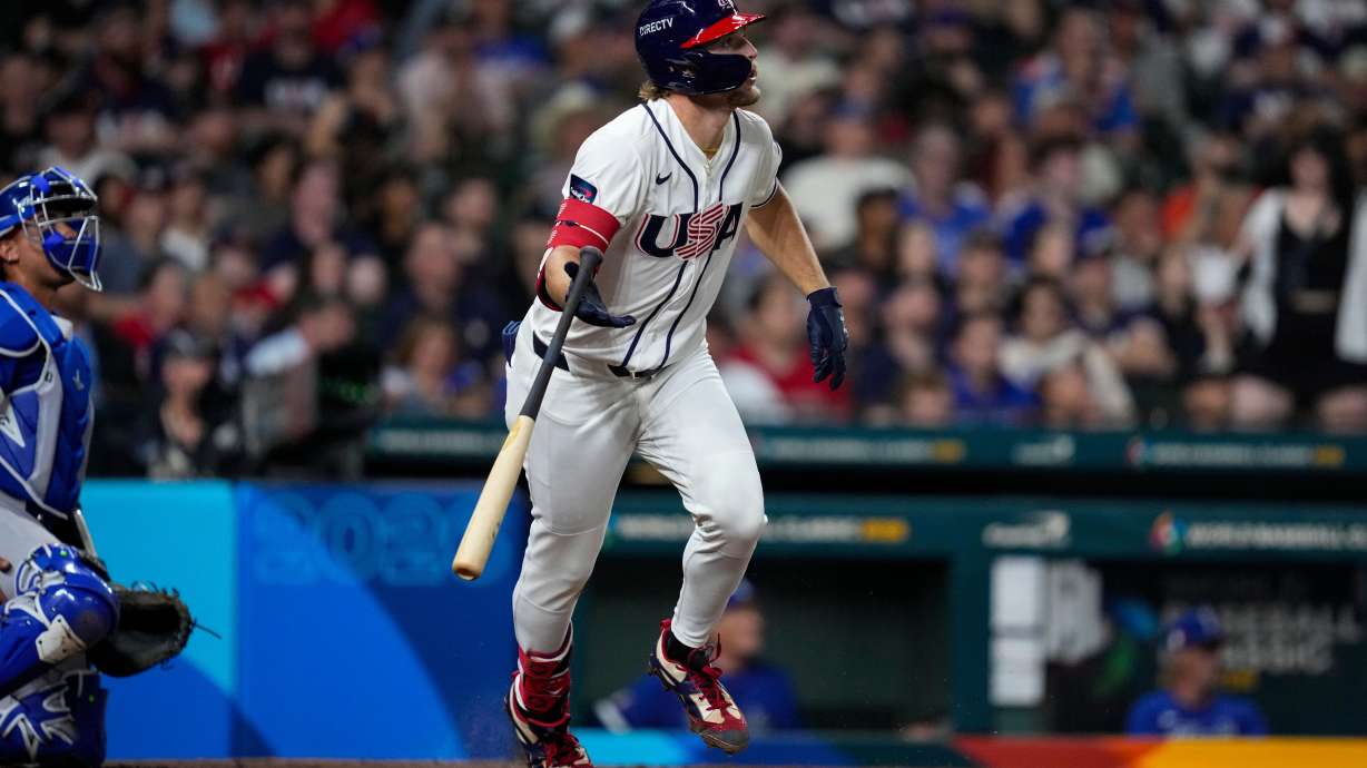 United States shortstop Gunnar Henderson (11) hits a home run in the sixth inning of a World Baseball Classic game, Tuesday, March 10, 2026, in Houston.