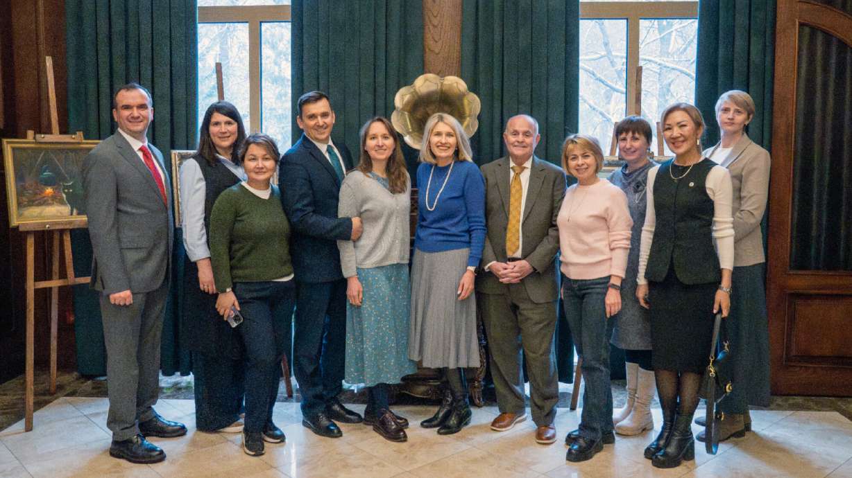 Relief Society General President Camille N. Johnson (center) meets with neonatologists in Bishkek, Kyrgyzstan, on Feb. 28. She was joined by her husband, Doug, Elder Aleksandr A. Drachyov, President of the Eurasian Area, his wife, Julia, and members of the area team.