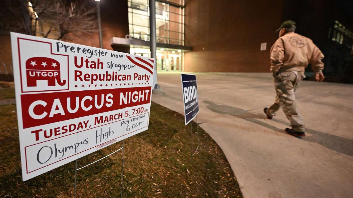 Republicans gather at Olympus High School in Holladay for caucus meetings on March 5, 2024. Tuesday is caucus night in Utah.