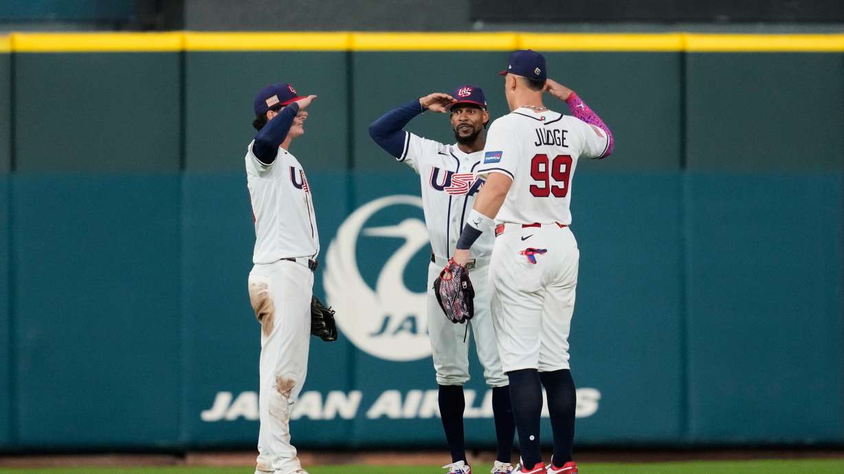United States outfielders Roman Anthony, left to right, Byron Buxton and Aaron Judge celebrate after the team's victory over Mexico in a World Baseball Classic game, Monday, March 9, 2026, in Houston.