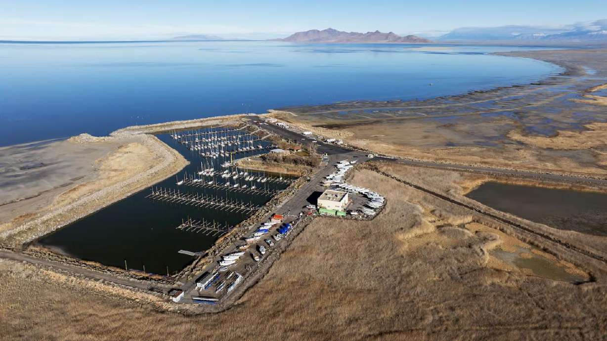 The Great Salt Lake Marina is seen with low water levels at the lake Jan. 6. Utah's settlers made the desert blossom like a rose, and its current residents are determined to keep the rose hydrated.