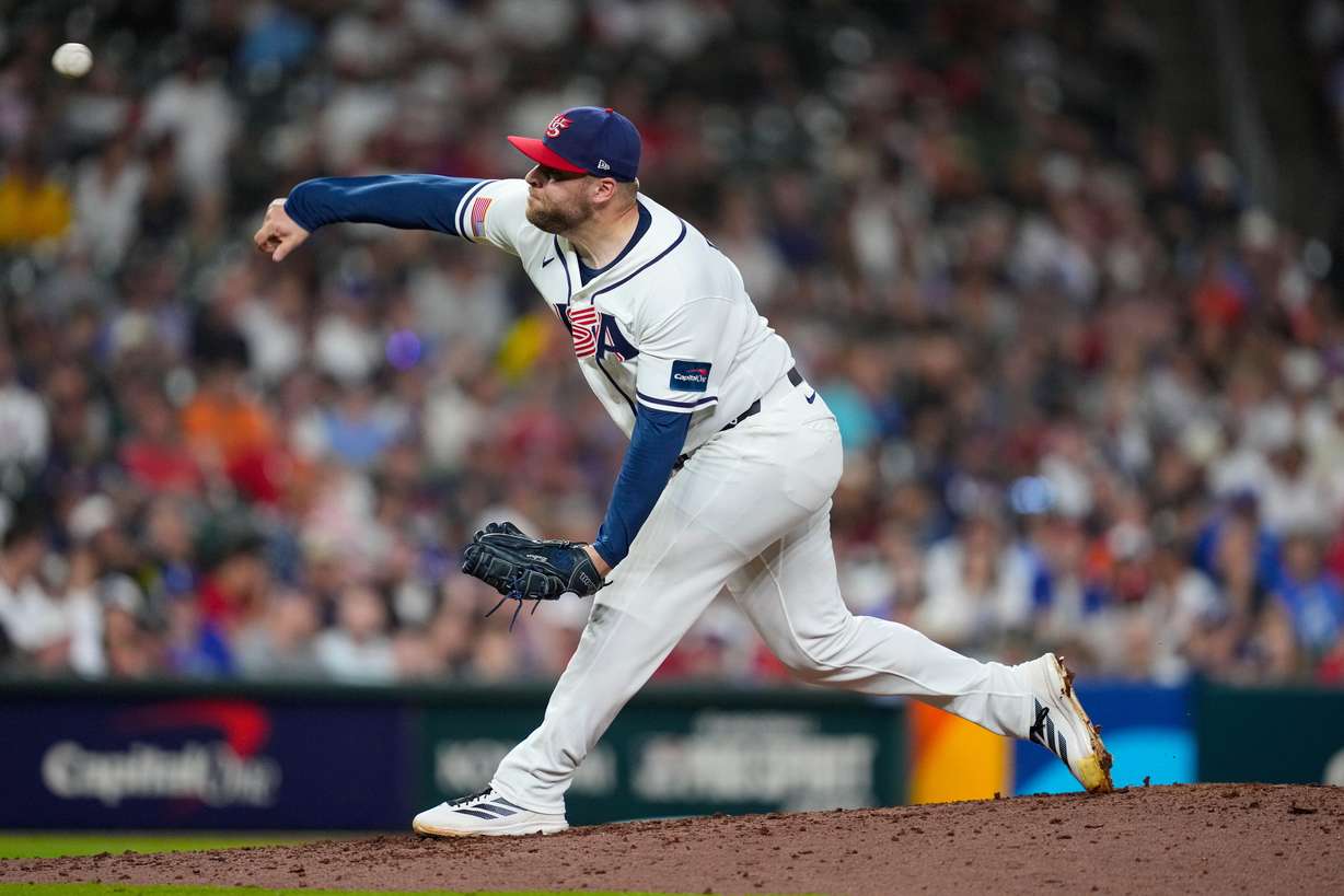 United States pitcher David Bednar throws in the eighth inning of the World Baseball Classic against Italy on March 10 in Houston. Bednar shares the same name as Elder David A. Bednar of the Quorum of the Twelve Apostles.