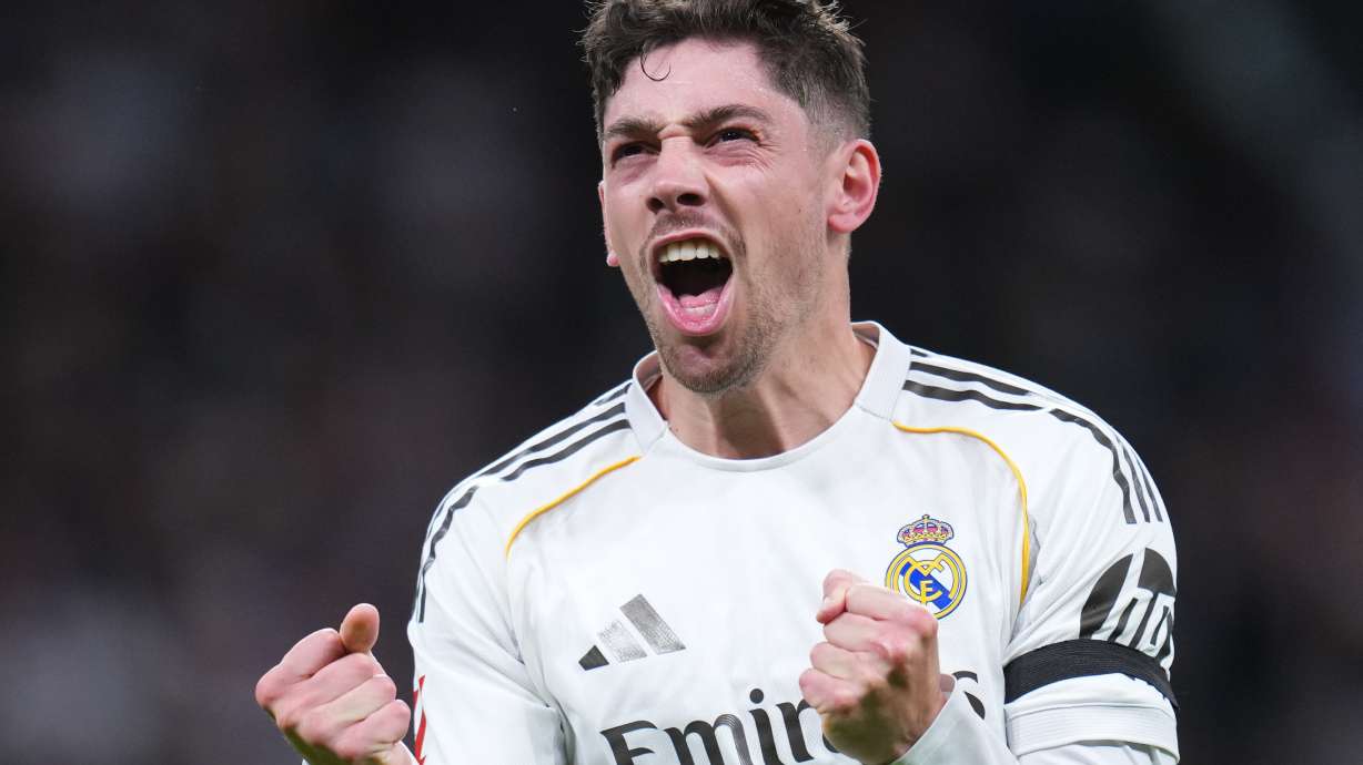 Real Madrid's Federico Valverde celebrates after scoring his side's second goal during a Spanish La Liga soccer match between Real Madrid and Elche CF, in Madrid, Saturday, March 14, 2026.