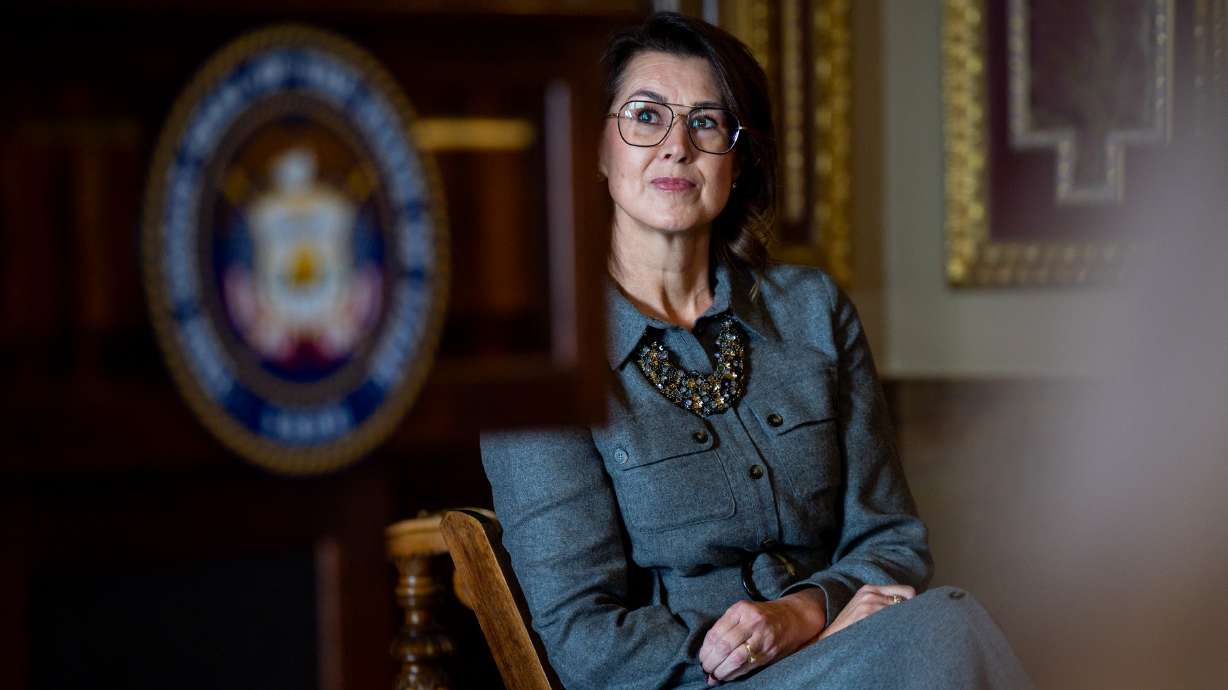 Lt. Gov. Deidre Henderson listens at a press conference at the Capitol in Salt Lake City on Oct. 14, 2025. Henderson said she received a letter from the U.S. Department of Justice Tuesday threatening her with criminal prosecution over her administration of state elections