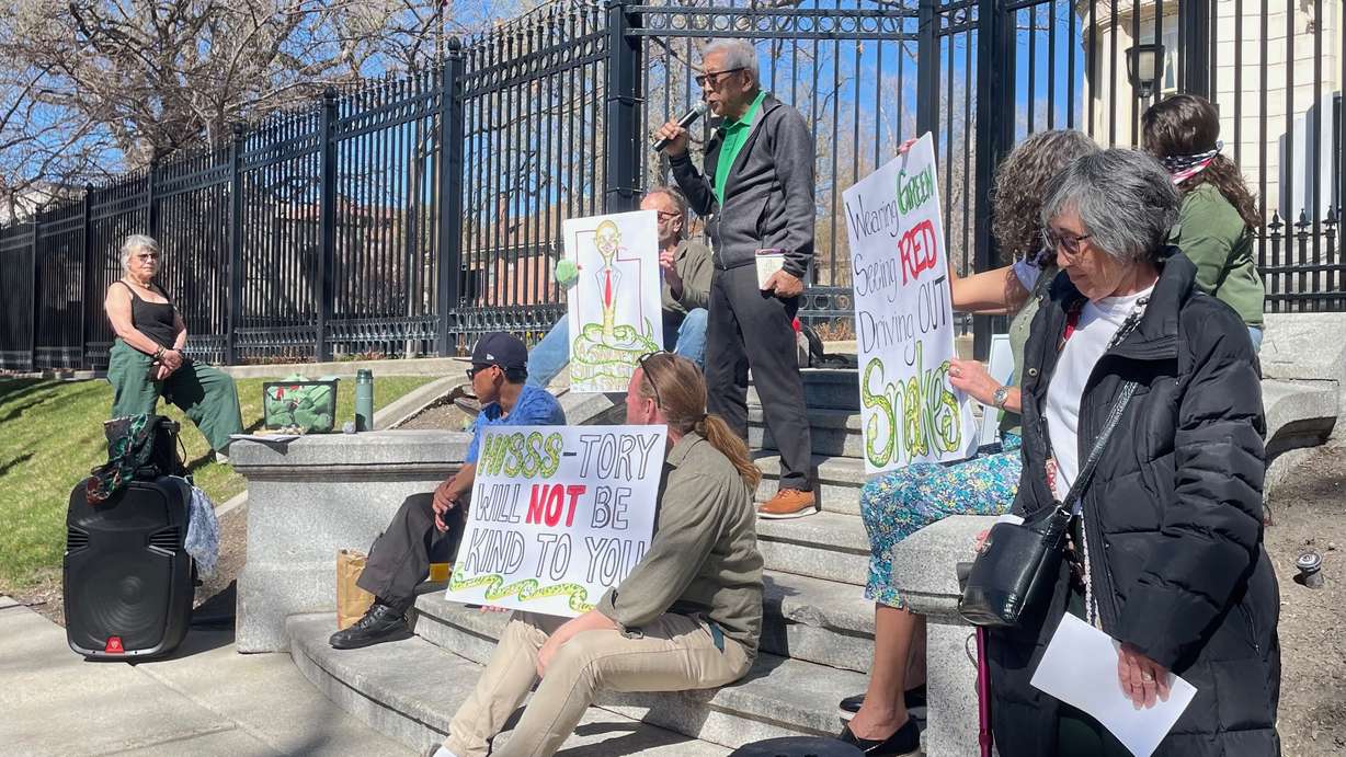 Floyd Mori addresses demonstrators gathered outside the mansion of Gov. Spencer Cox in Salt Lake City on Tuesday to protest plans to build an immigrant detention facility in the city.