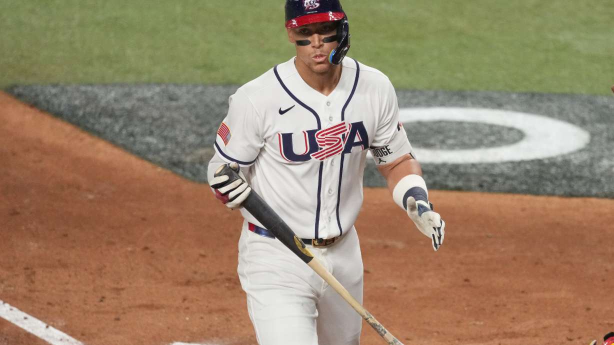 United States Aaron Judge gestures after striking out during the fourth inning in the championship game of the World Baseball Classic against Venezuela, Tuesday, March 17, 2026, in Miami.