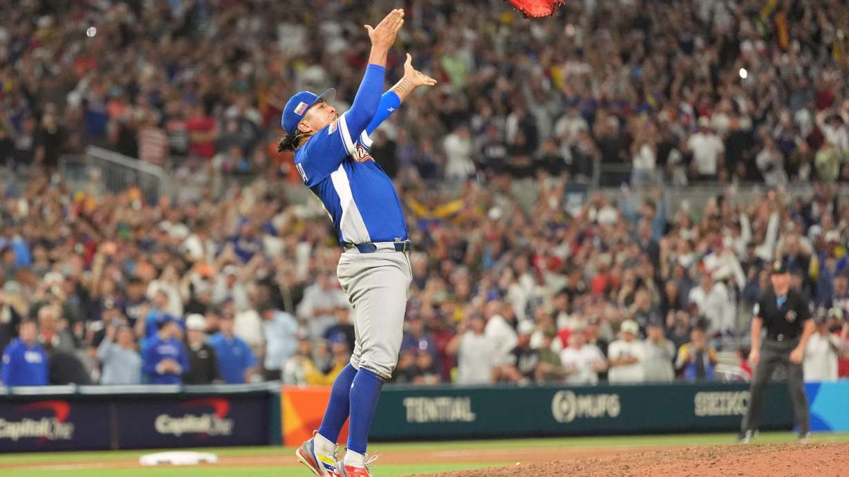 Venezuela pitcher Daniel Palencia celebrates after the team defeated the United States in the championship game of the World Baseball Classic, Tuesday, March 17, 2026, in Miami.