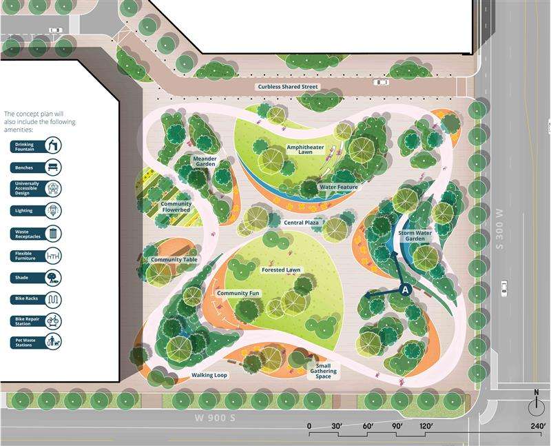 A preliminary rendering of a proposed 2.4-acre open space at the Fleet Block. A final design of the open space will be released later this year.