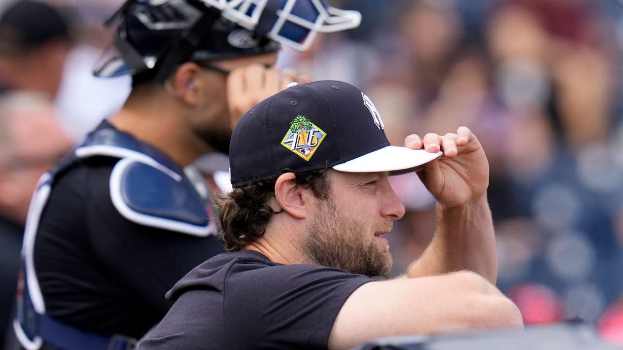 New York Yankees pitcher Gerrit Cole watches batting practice during a spring training baseball workout Monday, Feb. 16, 2026, in Tampa, Fla.