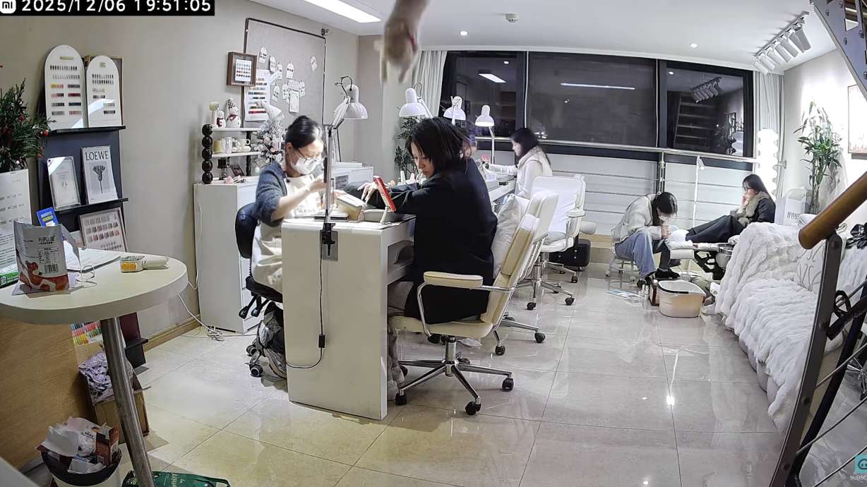 That blurry thing hanging from the ceiling is a cat dropping from who knows where.