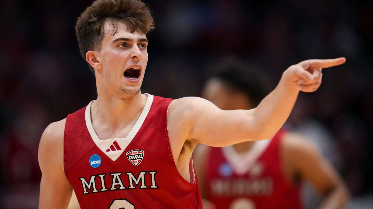 Miami (Ohio) guard Luke Skaljac reacts after scoring during the first half of a First Four college basketball game against SMU in the NCAA Tournament in Dayton, Ohio, Wednesday, March 18, 2026.