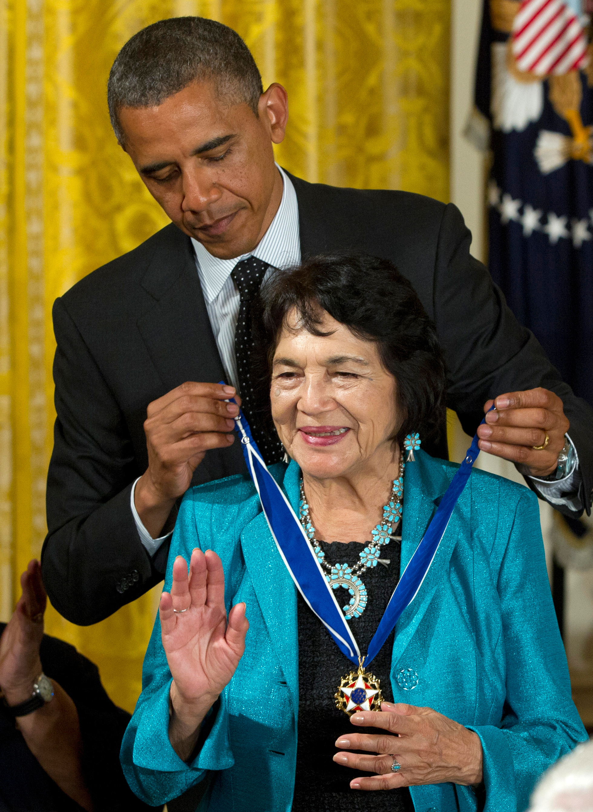 President Barack Obama awards American labor leader and civil rights activist Dolores Huerta the Presidential Medal of Freedom, during a ceremony in the East Room of the White House in Washington on May 29, 2012. Huerta died on Wednesday at the age of 96.
