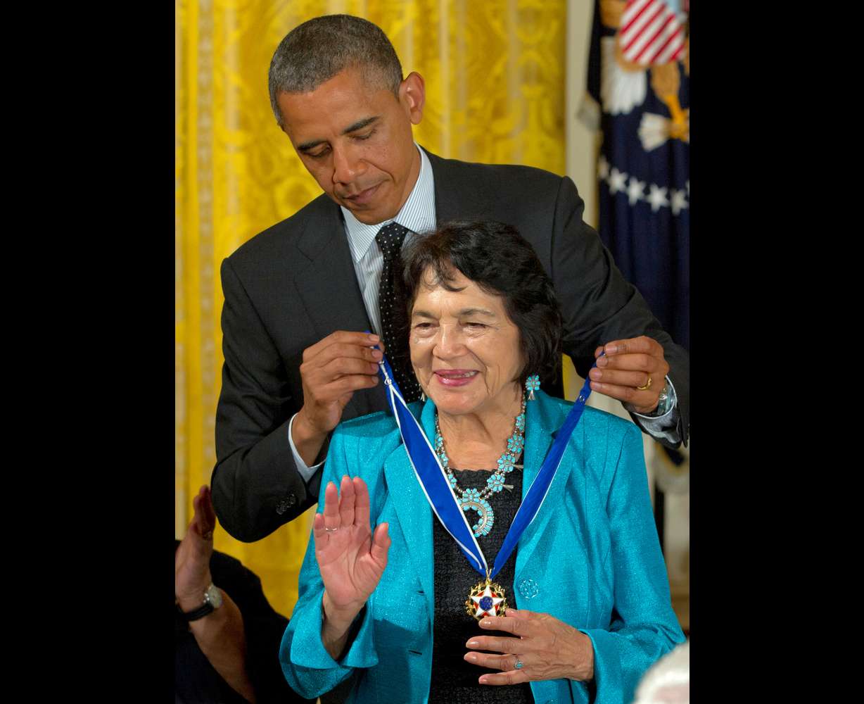 President Barack Obama awards American labor leader and civil rights activist Dolores Huerta the Presidential Medal of Freedom, during a ceremony in the East Room of the White House in Washington on May 29, 2012. Huerta died on Wednesday at the age of 96.