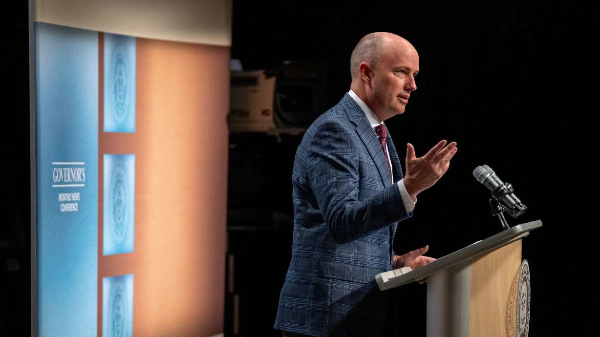 Gov. Spencer Cox speaks at his monthly news conference during the PBS Utah Governor’s Monthly News Conference held at the Eccles Broadcast Center in Salt Lake City on March 19.