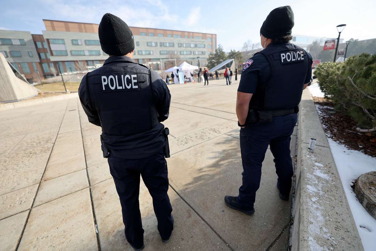 University of Utah police maintain a presence outside the J. Willard Marriott Library as the Utah Federation of College Republicans holds a Reawaken Tour open mic debate at the University of Utah in Salt Lake City on Jan. 13. The U.'s annual campus safety summit on Thursday focused on being "everyday guardians" to prevent school shootings.