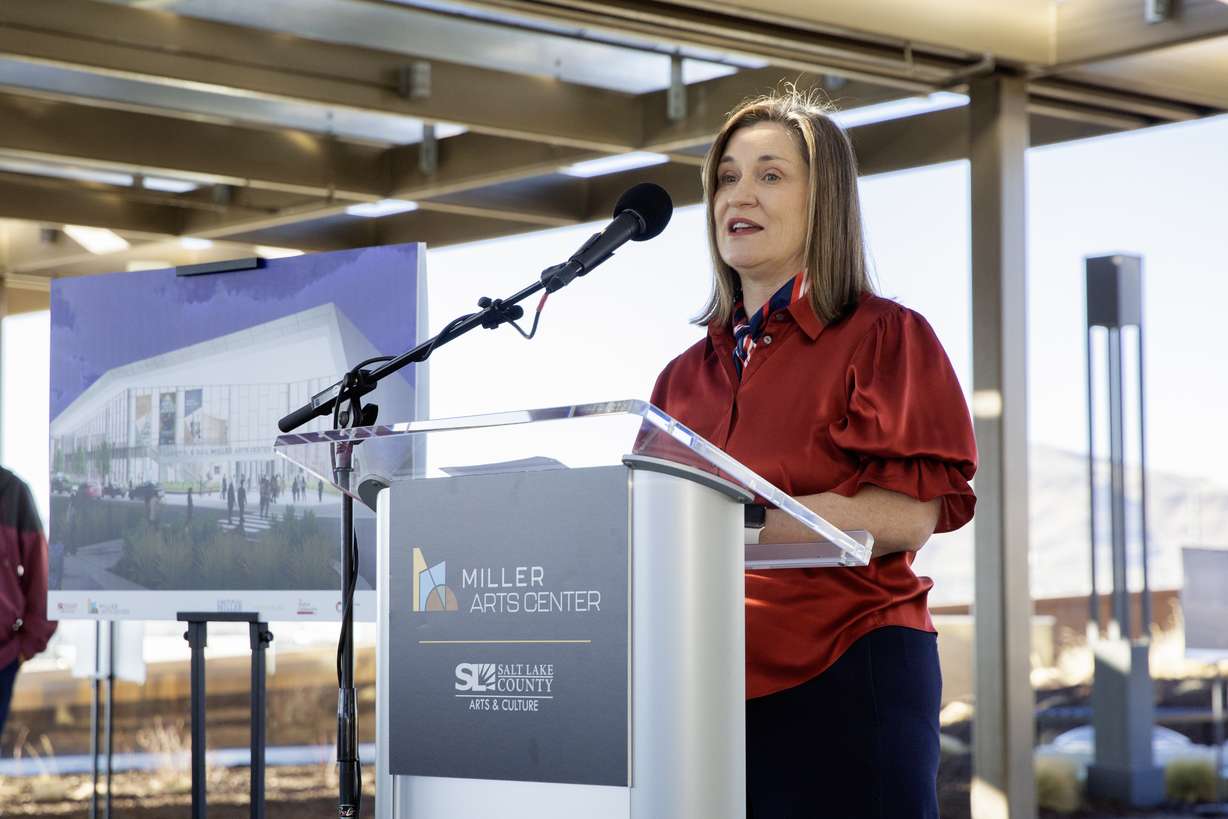 Salt Lake County Mayor Jenny Wilson speaks at a groundbreaking ceremony for the Miller Arts Center in South Jordan Thursday.