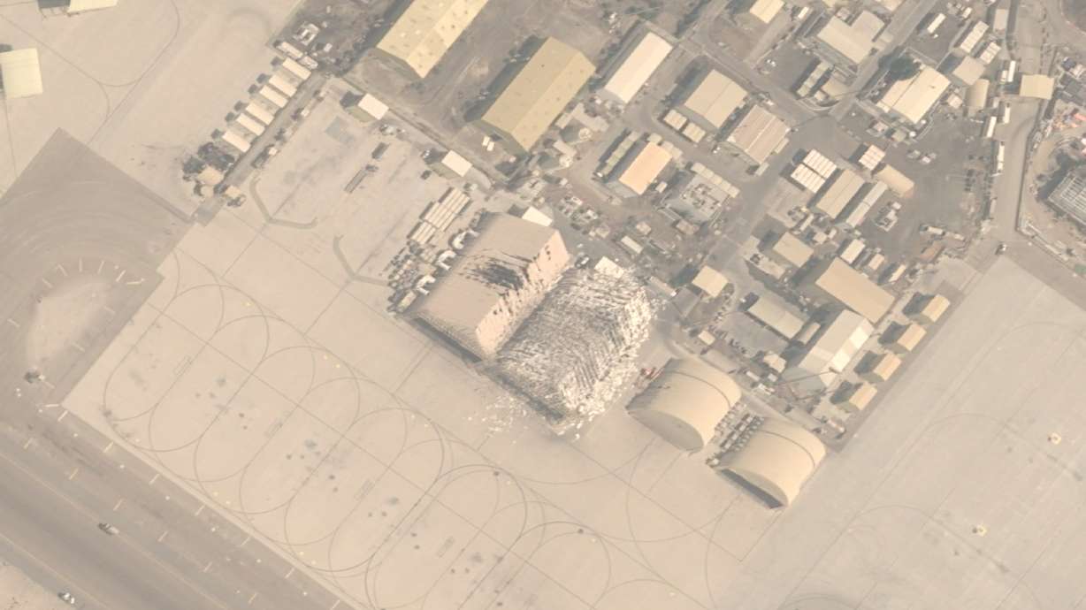 This image from an Airbus Defense and Space's Pléiades Neo satellite shows damage after Iranian attacks targeting Al Dhafra Air Base in Abu Dhabi, United Arab Emirates, Sunday.