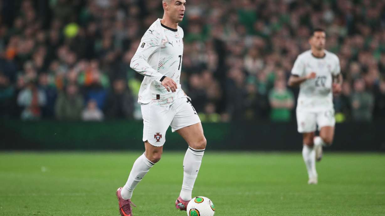 FILE - Portugal's Cristiano Ronaldo controls the ball during a World Cup 2026 group F qualifying soccer match between Ireland and Portugal in Dublin, Thursday, Nov. 13, 2025.