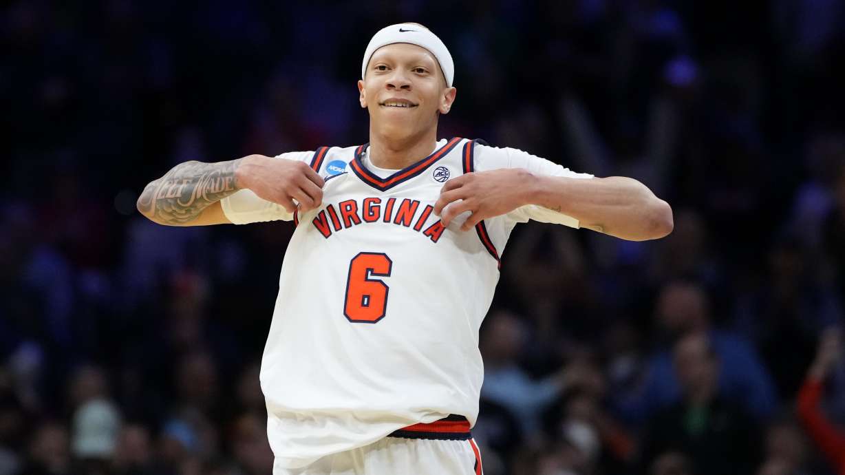Virginia's Jacari White reacts in the final seconds against Wright State in the first round of the NCAA college basketball tournament, Friday, March 20, 2026, in Philadelphia.