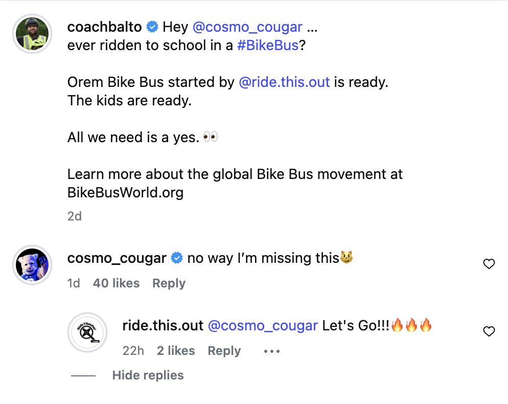 Cosmo the Cougar accepts an invite on social media to join a bike bus parade in Orem.