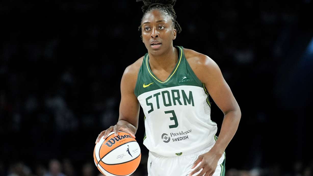FILE - Seattle Storm forward Nneka Ogwumike (3) plays against the Las Vegas Aces in Game 2 of a WNBA basketball first-round playoff game Sept. 24, 2024, in Las Vegas.