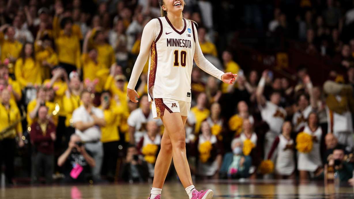Minnesota guard Mara Braun (10) reacts during the second half in the first round of the NCAA college basketball tournament against Green Bay, Friday, March 20, 2026, in Minneapolis.