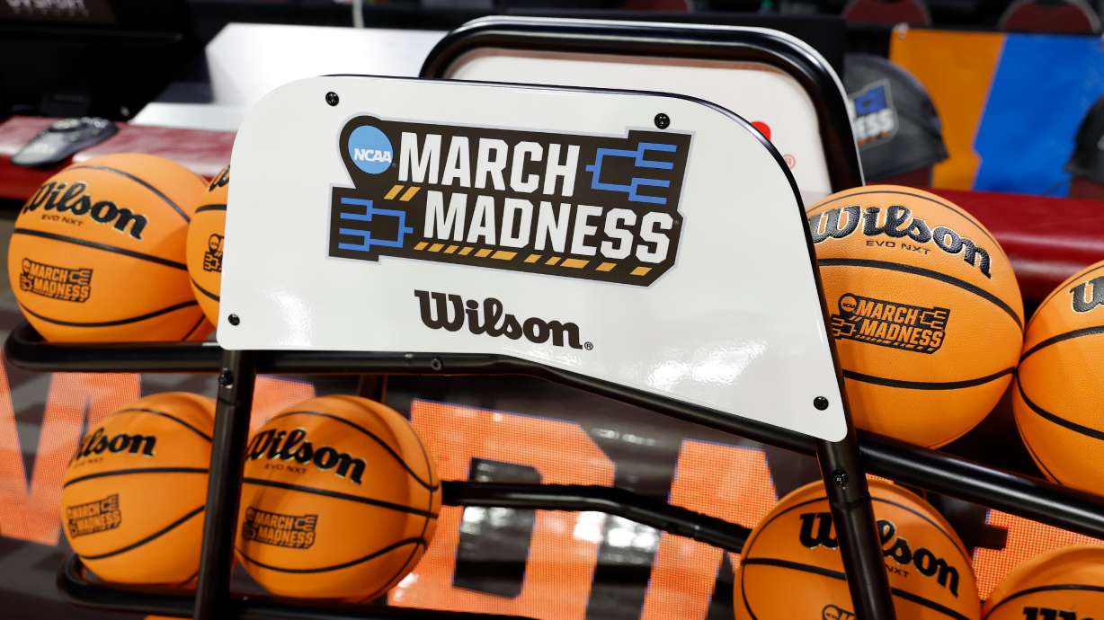 March Madness signage is displayed before a game between Colorado State and Michigan State in the first round of the NCAA college basketball tournament, Friday, March 20, 2026, Norman, Okla.