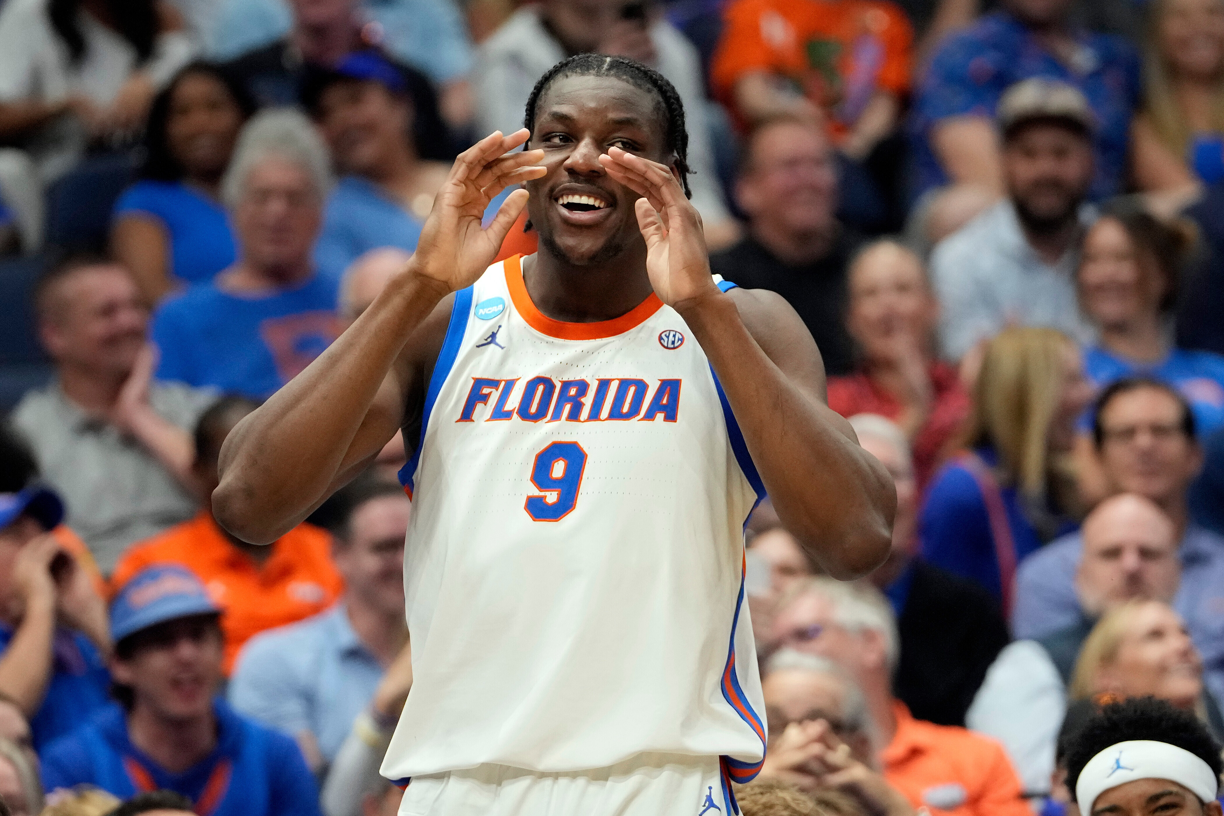 Florida center Rueben Chinyelu (9) celebrates during the second half in the first round of the NCAA college basketball tournament against Prairie View A M Friday, March 20, 2026, in Tampa, Fla. 