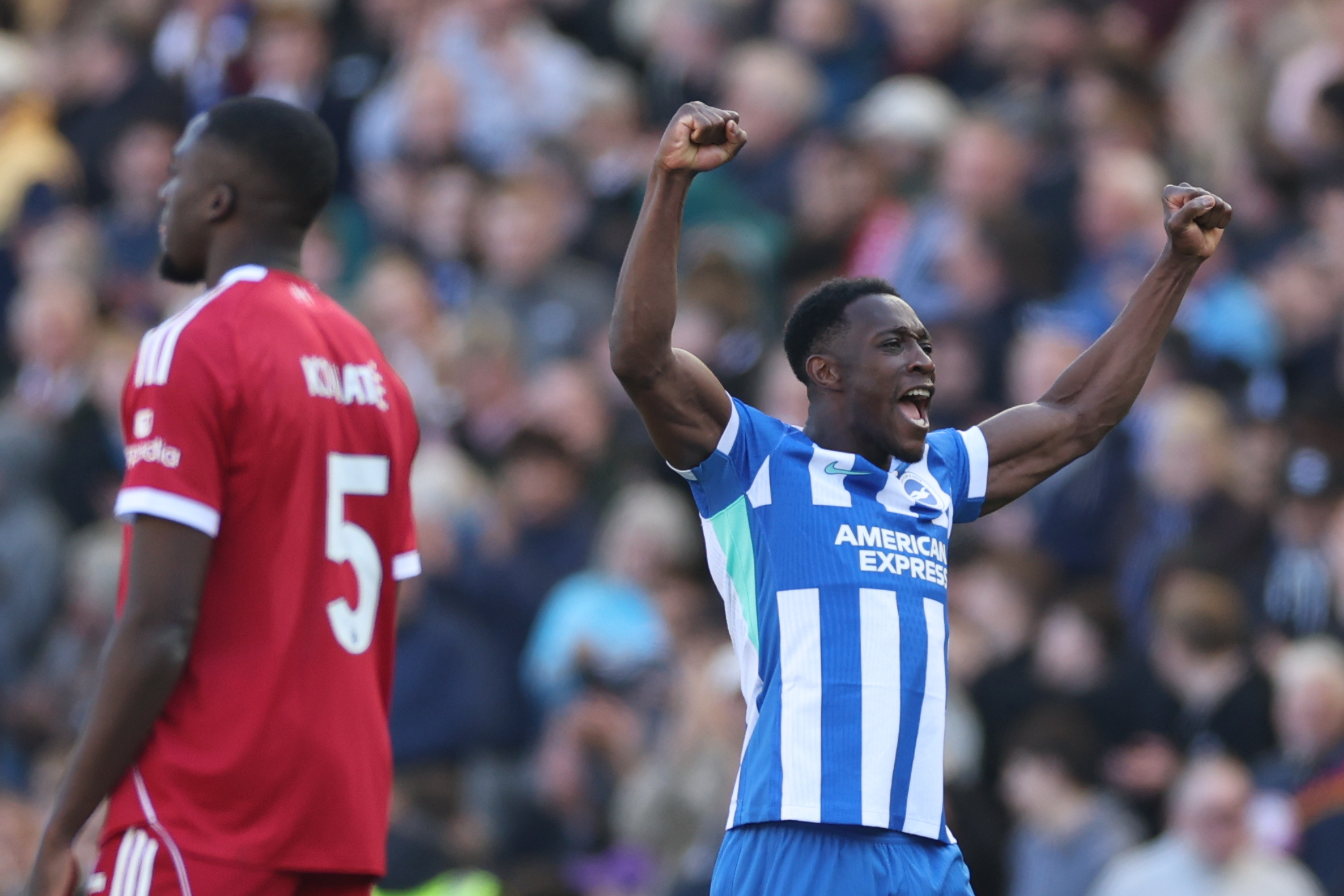 Brighton's Danny Welbeck celebrates after scoring during the English Premier League soccer match between Brighton and Liverpool in Brighton, Saturday, March 21, 2026. 