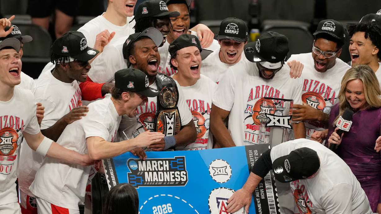 Arizona players celebrate after winning the Big 12 Conference tournament, March 14, in Kansas City, Mo. Sports betting is booming, especially prediction markets, but many Utahns have no clue what prediction markets are.