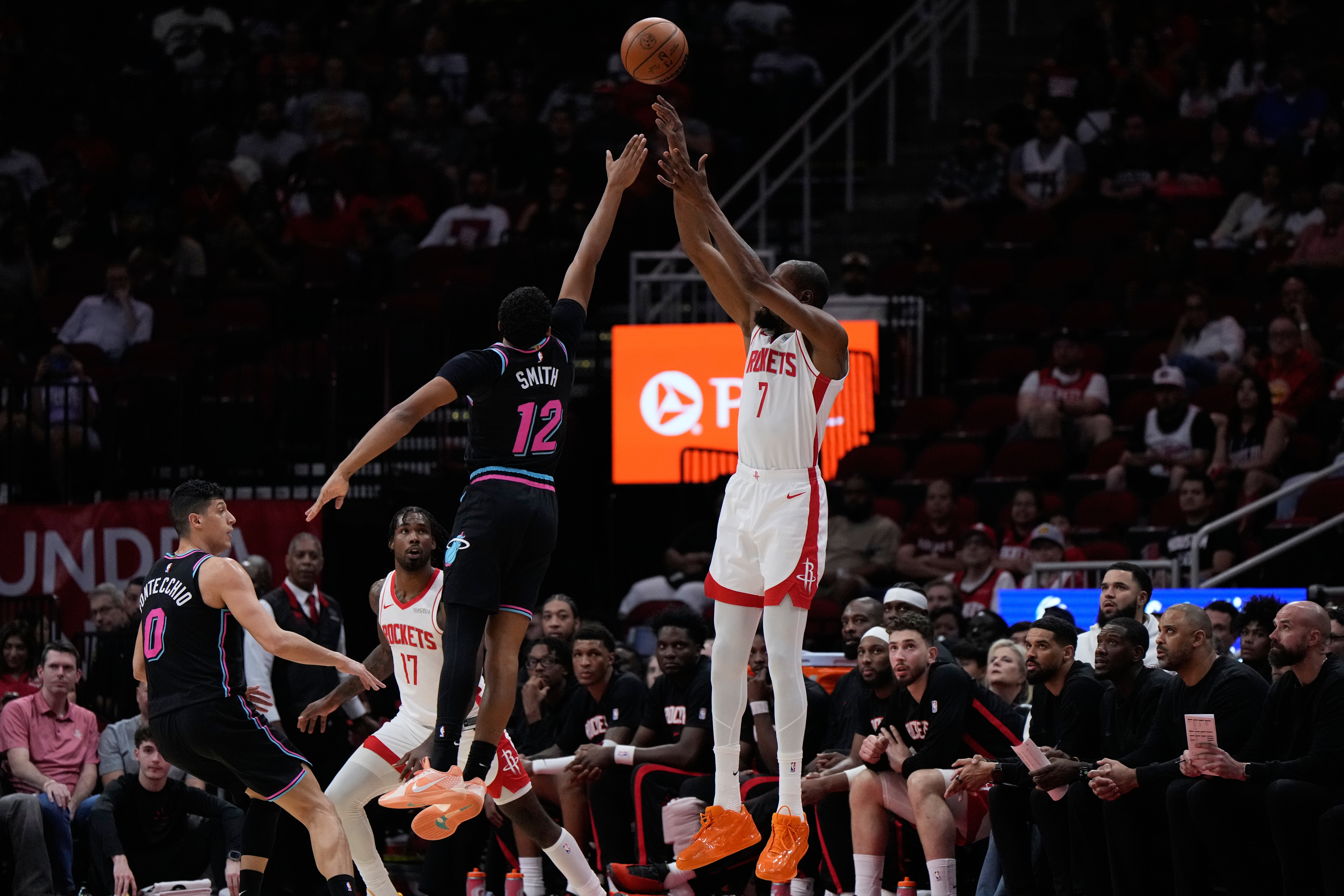 Houston Rockets forward Kevin Durant (7) shoots against Miami Heat guard Dru Smith (12) during the first half of an NBA basketball game in Houston, Saturday, March 21, 2026. 