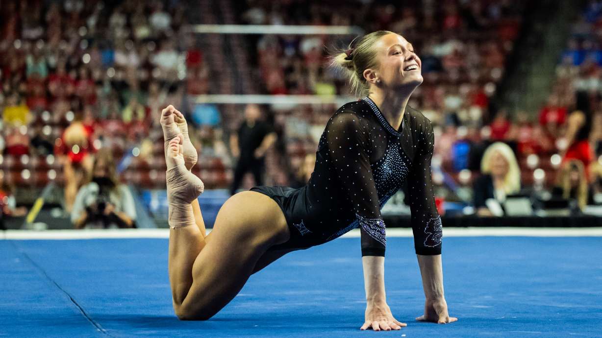 Red Rocks’ Avery Neff competes on the floor during the Big 12 gymnastics championships at the Maverik Center in West Valley City on Saturday, March 21, 2026.