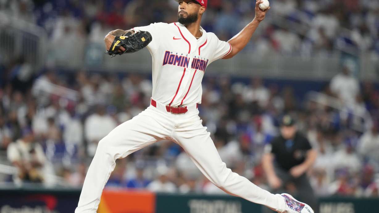 Dominican Republic pitcher Cristopher Sánchez throws during the first inning of a World Baseball Classic game against Nicaragua, Friday, March 6, 2026, in Miami.
